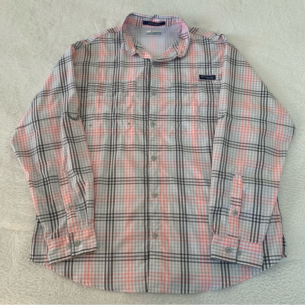 Men’s XL COLUMBIA PFG Super Tamiami Light Pink Gray Long Sleeve Mesh Fishing Top